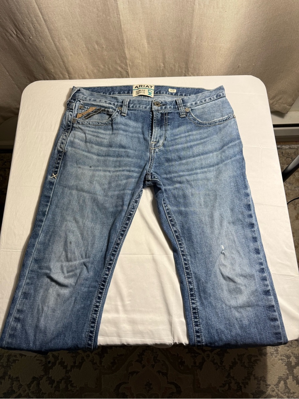 Ariat Men’s Blue Jeans M7 Slim Fit Straight Leg Size 35x32 Cowboy Pants— stain